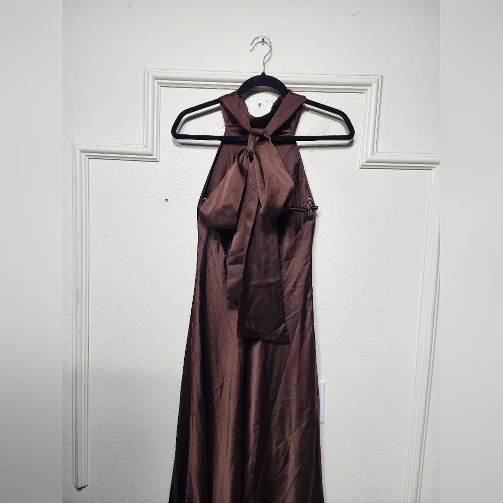 Show Me Your MUMU Lisa Maxi Dress XS Chocolate Luxe Satin Wedding Party Prom - Picture 9 of 11